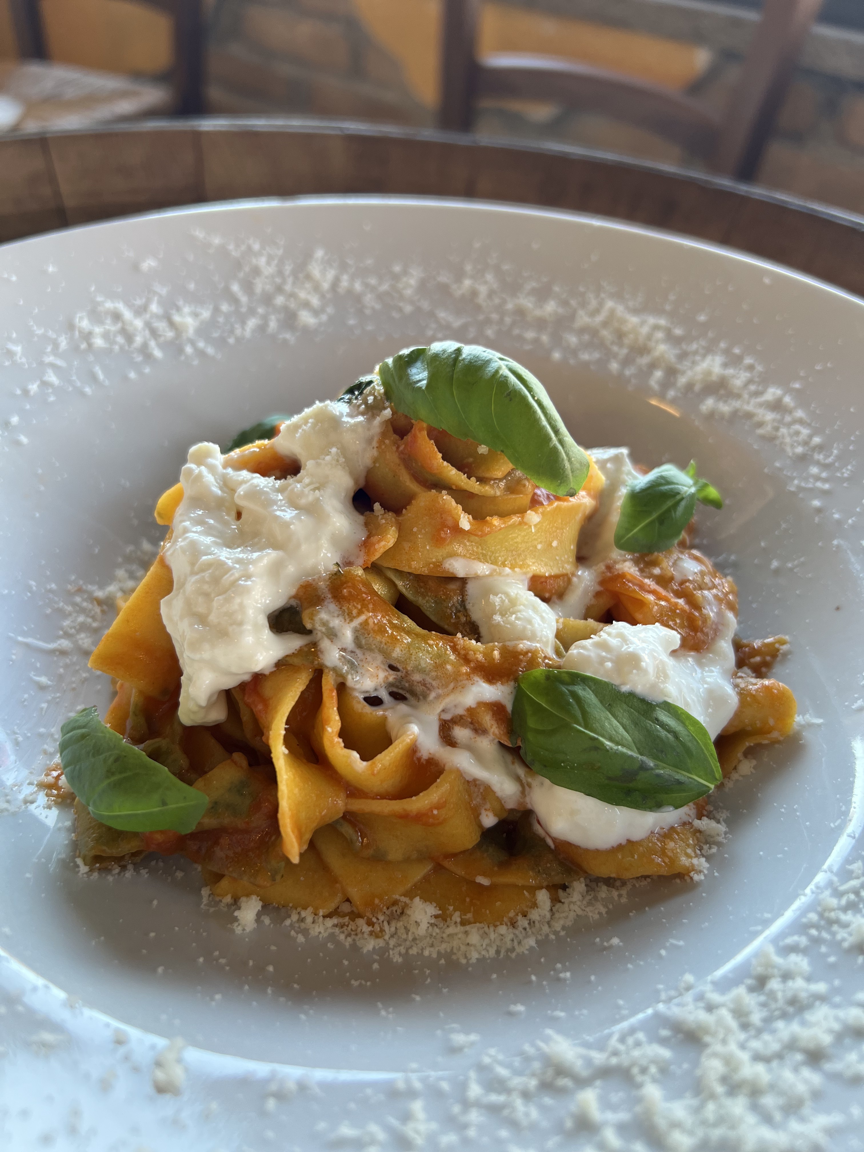 Fettuccine pomodoro, stracciatella e basilico, uno dei nostri speciali del giorno. Piatti freschi fuori menù tutti i giorni